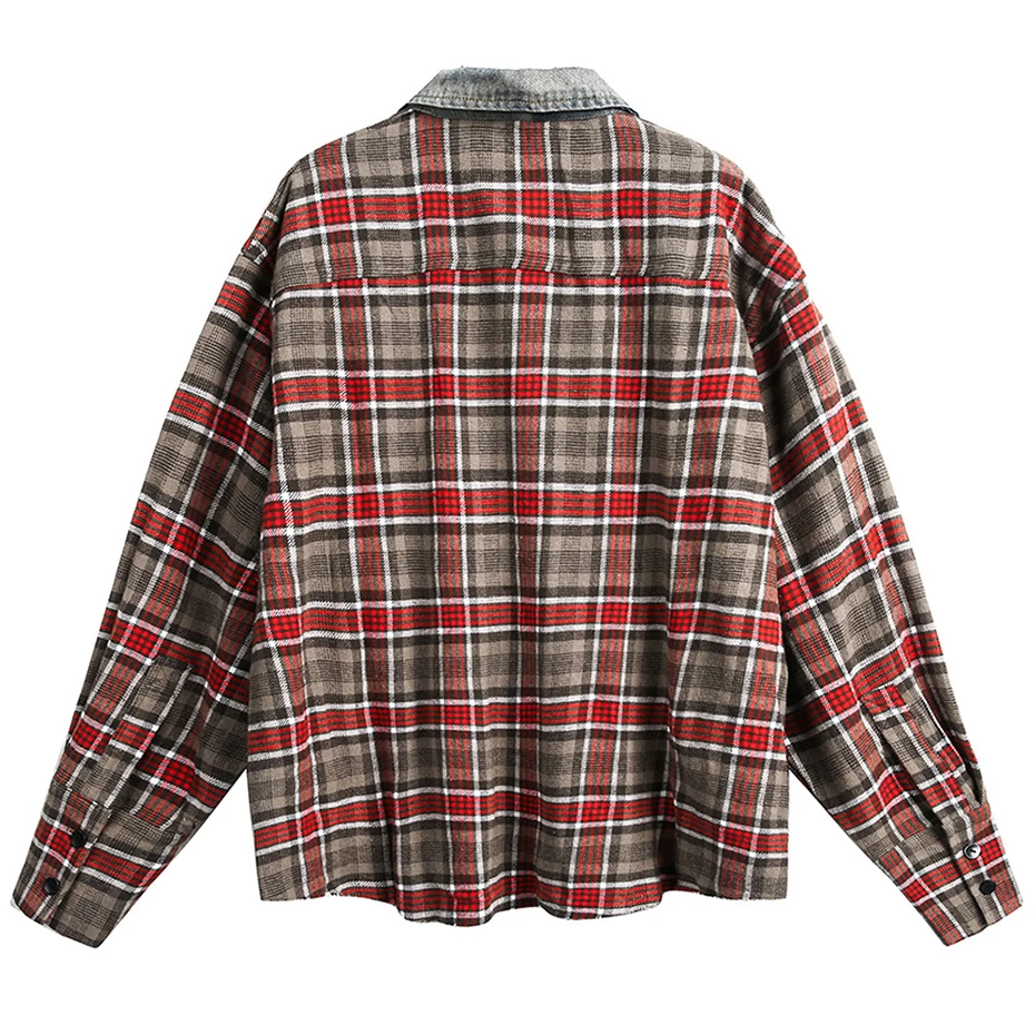 Men's Hi Street Shirts Vintage Denim Patchwork Plaid Shirts Long Sleeve Button Up Blouse Streetwear Hip Hop Oversized