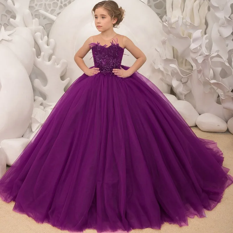 

Lace Flower Girl Dress Puffy Cute Feathers Floor-Length Princess Baby Girl Wedding Birthday Party First Communion Holiday Gown