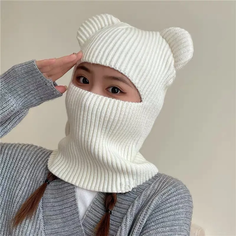 New Wome's Cute Full Face Cover Ski Mask Hat with Bear Ear Balaclava Knitted Hats Windproof Skullies Beanies Bonnet Winter Warm 3