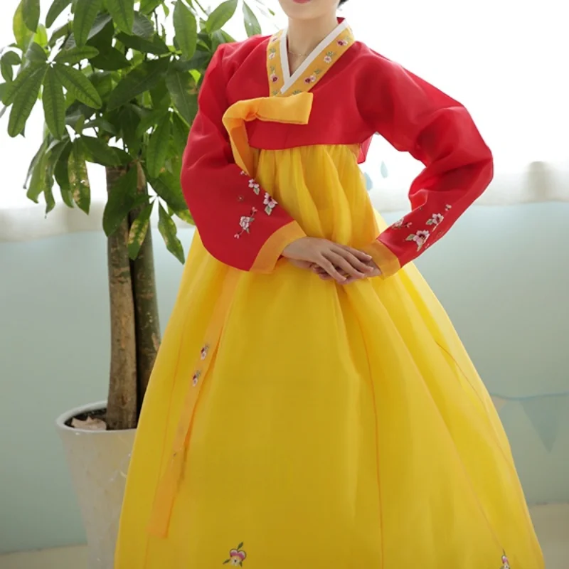 Hanbok Ethnic Hanbok Dress Women Classic Red/yellow Traditional Hand-embroidered Peony Decora Hanbok Set Celebration Performance