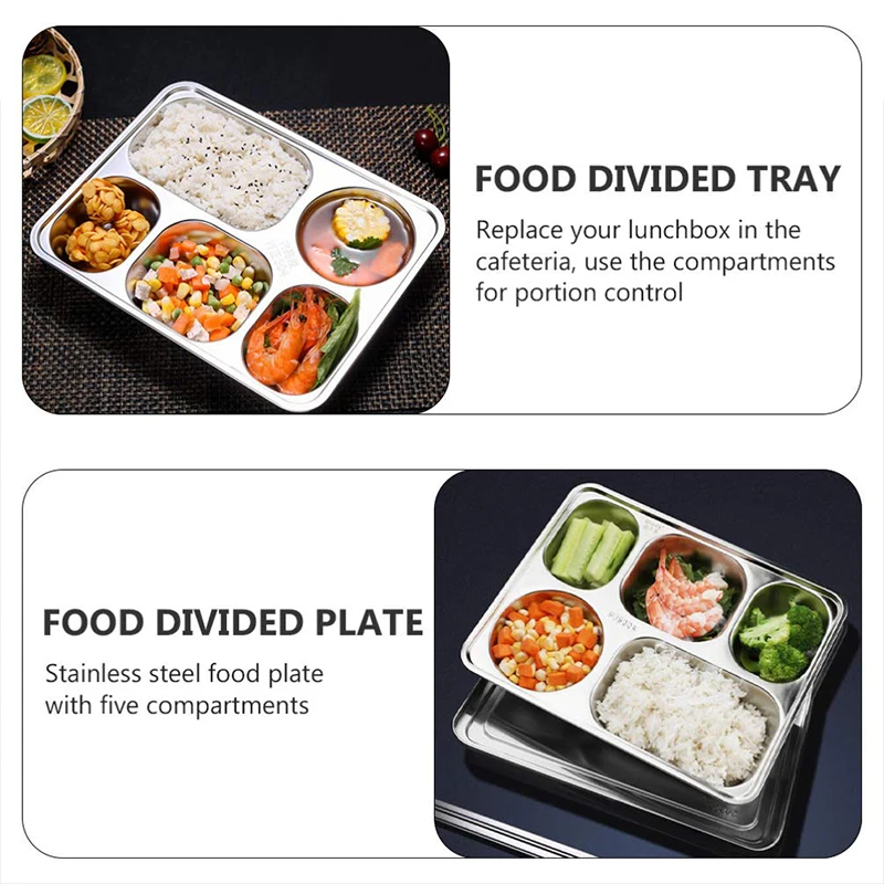 Stainless Steel Partitioned Dinner Plate Lunch And Dinner Tray 5 Compartments 1 Piece stainless steel plates