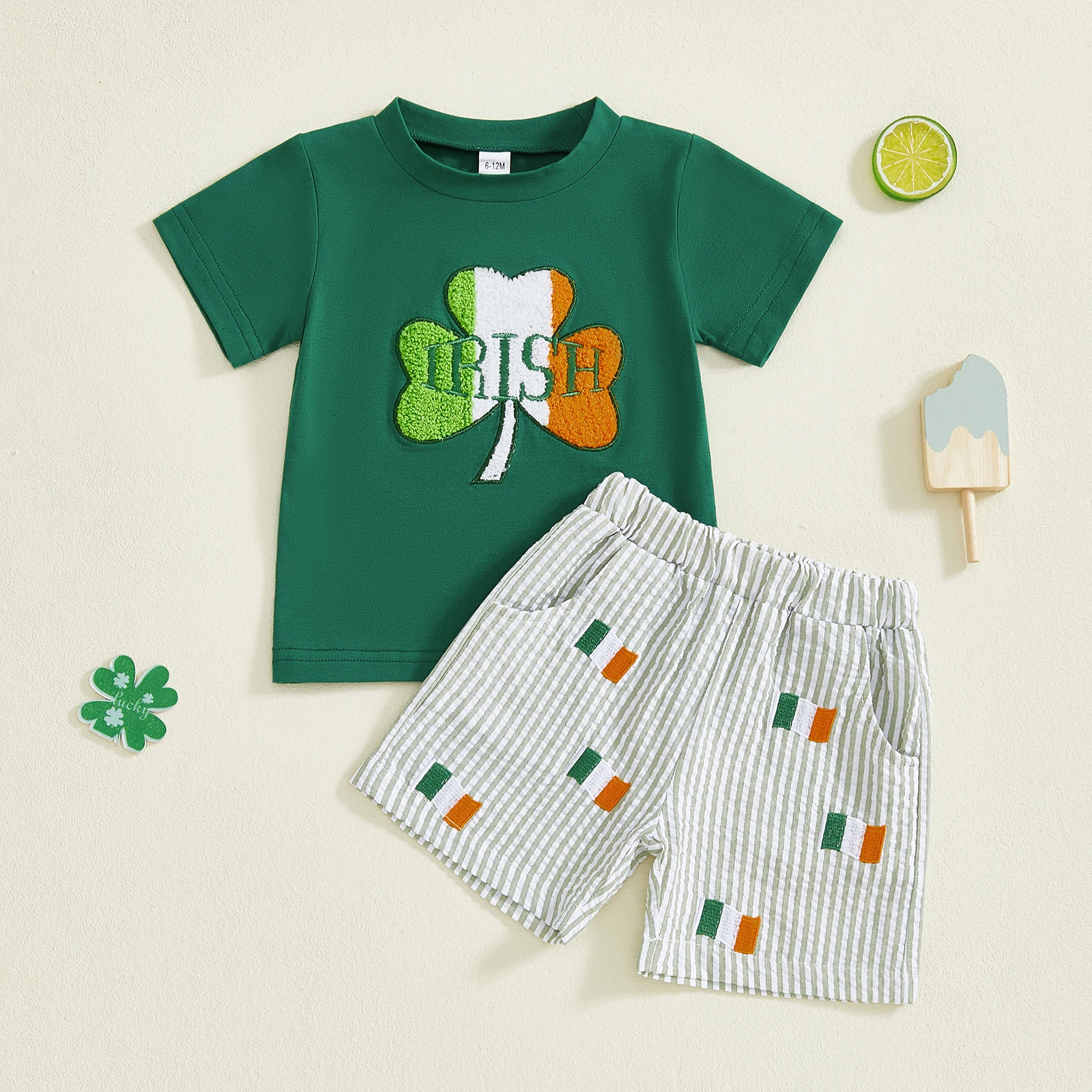 Boys St Patrick s Day 2 Piece Outfits Short Sleeve Crew Neck Letter Shamrock Embroidery Tops and Striped Shorts Set for Irish
