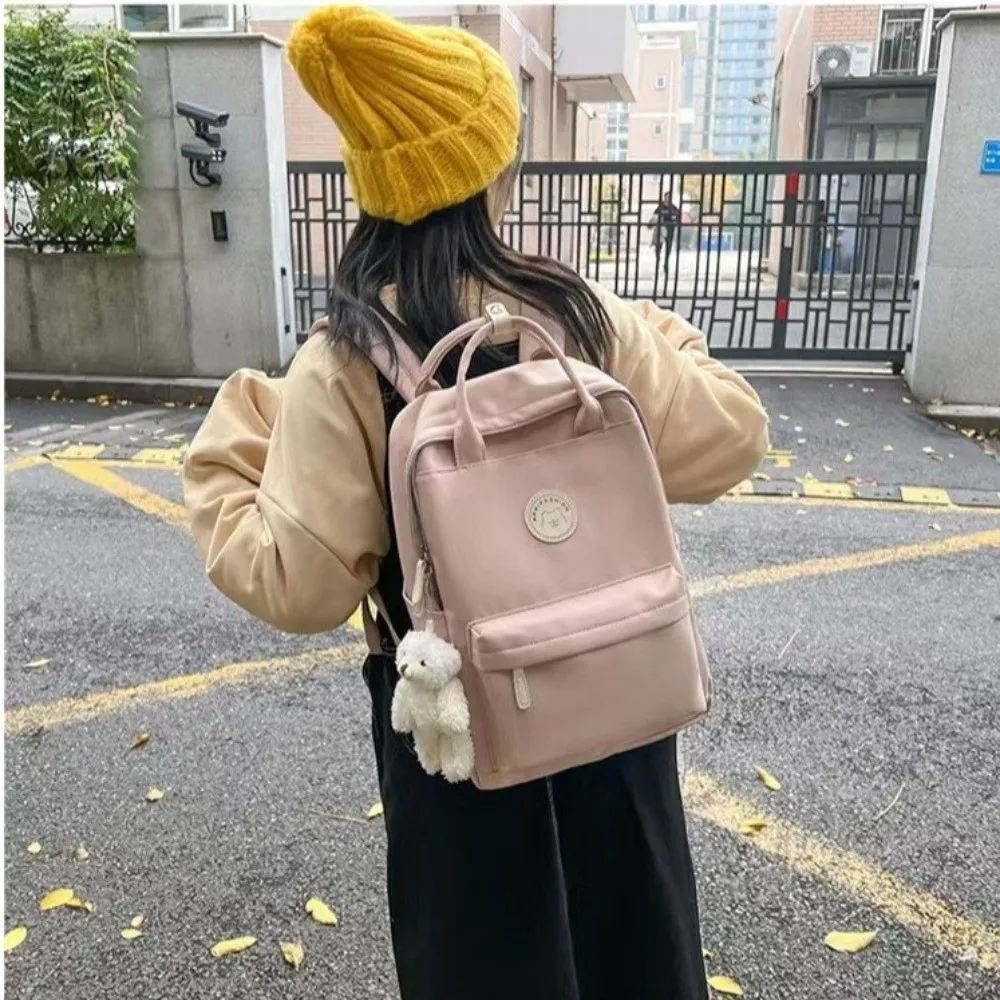 Solid Large Capacity Student Backpack Zipper Multi-Pocket Academy Girl's School Bag Spacious Nylon Plush Pendant Teens Rucksack 5