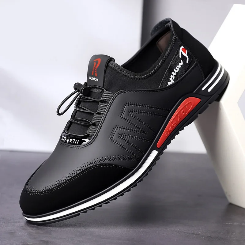 Casual Shoes Men Elastic Band Leather Soft Flat Business Sneakers