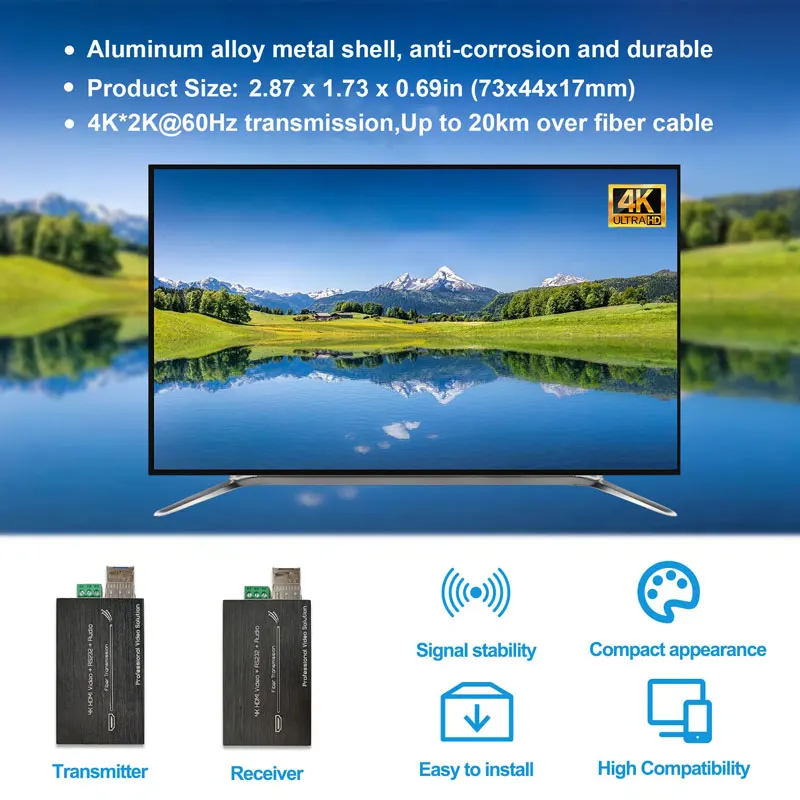 4K HDMI 파이버 비디오 익스텐더 미니 HDMI 파이버 컨버터, RS232 및 오디오 단일 모드 단일 파이버 LC SFP 광 트랜시버