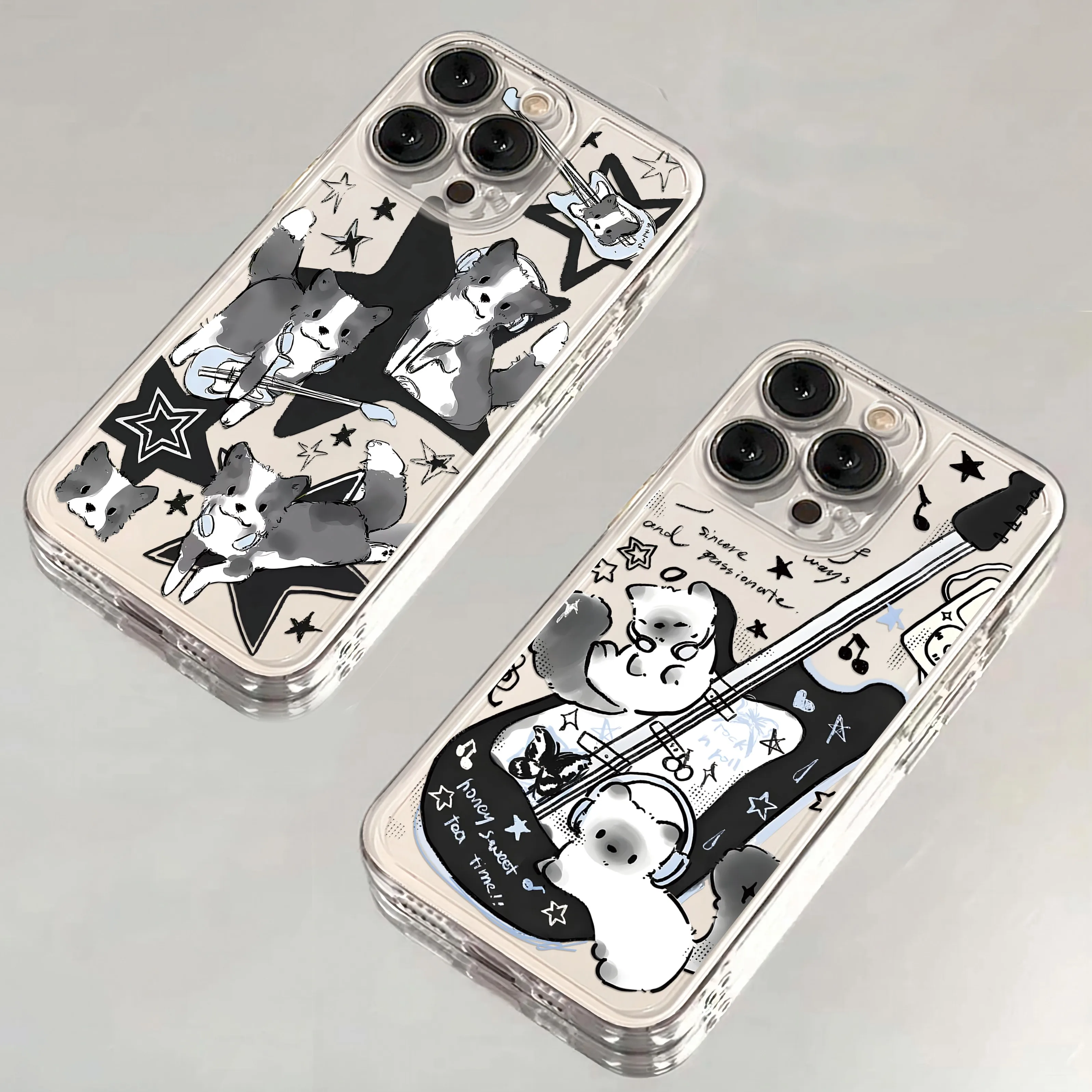 Luxurious Clear Black Guitar Cat Phone Case