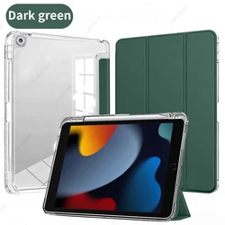 Transparent iPad Case with Pencil Holder and Tri - Folding Leather Cover (Dark Green)