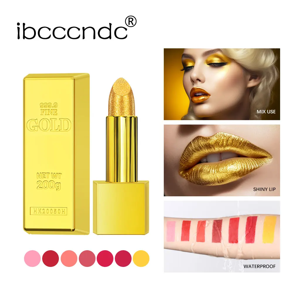 Shimmer Gold Lipstick Metallic Glitter Rossetti Sexy Long Lasting Batom Waterproof Cosmetic Gold Brick Tube Design Gift