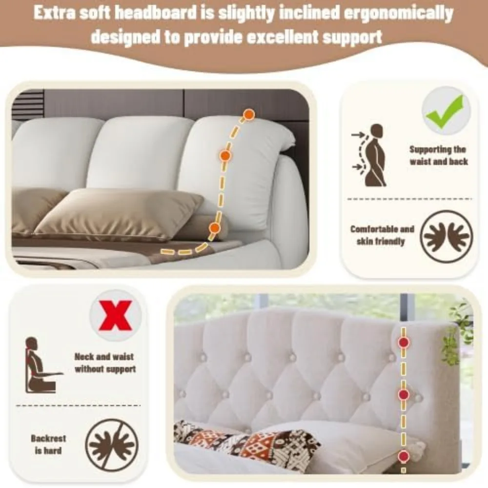 Luxury Upholstered Platform Bed with Thick Headboard,Leather Queen Bed with Oversized Padded Backrest,Platform Bed Frame 4