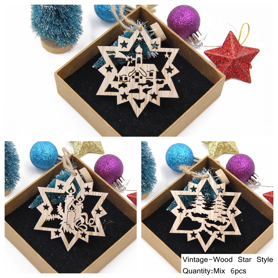 Christmas Wooden Pendants Hollowed Bell/Star/Ball Hanging Ornaments Naviada Home Party Tree Decor DIY Painting Noel Gift 9Pcs