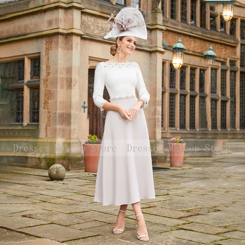 Mother bride dresses Short Mother of the Bride Dress A Line Boat Neck 3/4 Sleeves Elegant Wedding Guest Gowns Midi Beading Luxury Evening