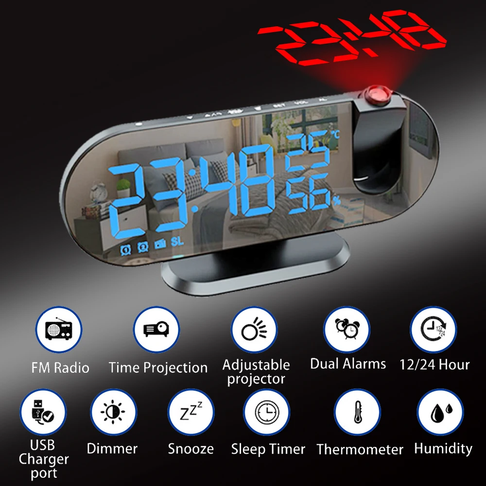 FM Radio LED Digital Projection Alarm Clocks for Bedroom 180° Projector