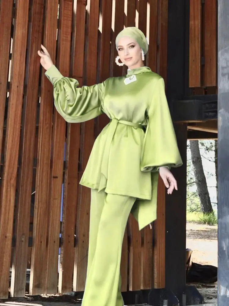 Ramadan Eid Djellaba Suits Abaya Dubai Two Pieces Shiny Silky Muslim