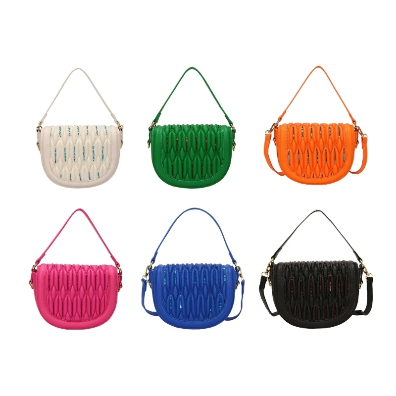 

Fashionable Pleated Saddle Bag PU Tote Crossbody Shoulder Bag Candy Colored for Women Girls