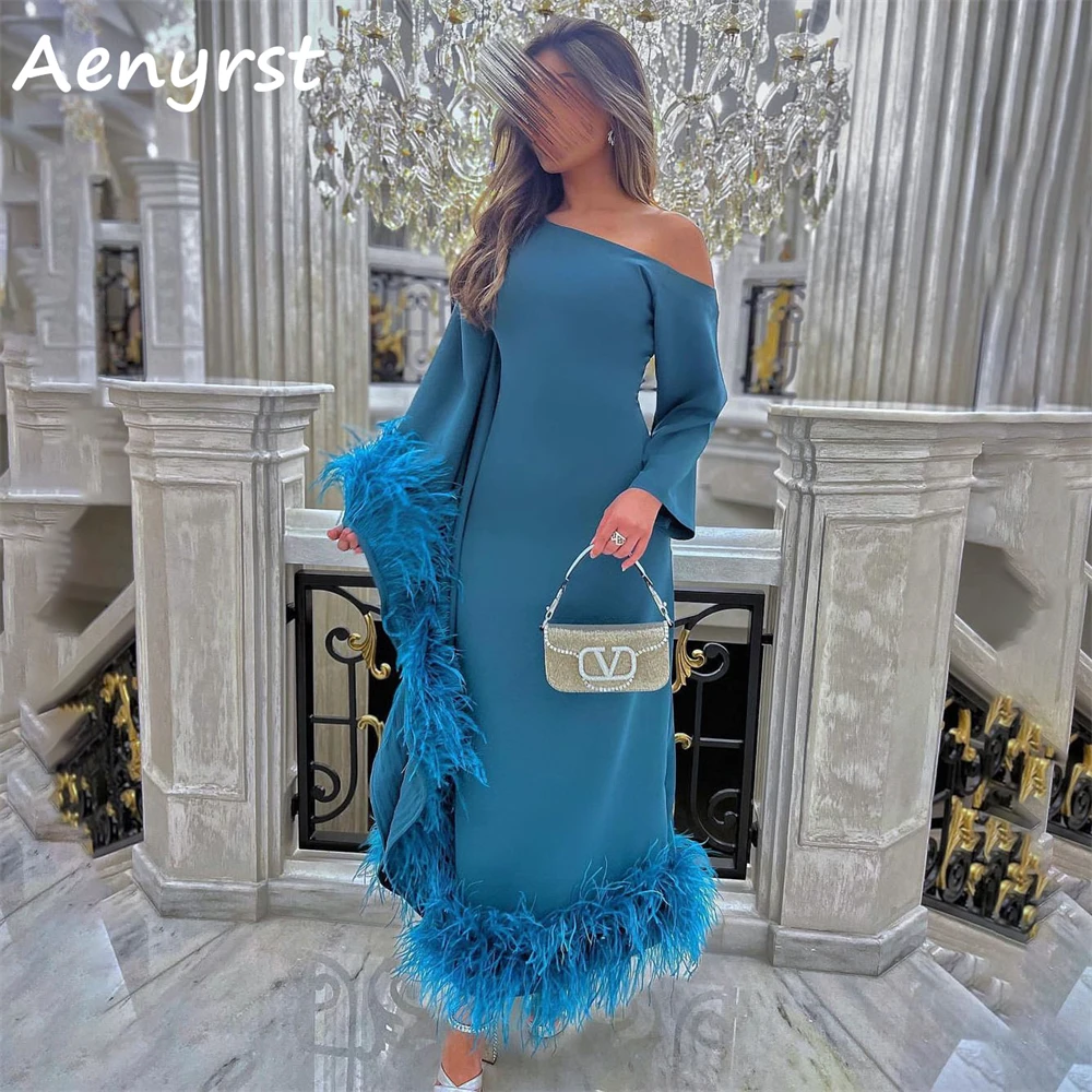 

Женское платье с длинным рукавом Aenyrst, вечернее ТРАПЕЦИЕВИДНОЕ ПЛАТЬЕ длиной ниже колена с диагональным воротником и перьями для выпускного вечера
