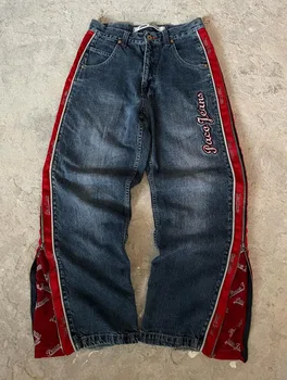 Y2K Fashion New Letter Embroidery Side Red Zipper Baggy Jeans Women Gothic HipHop Rock Vintage Casual Straight Wide-leg Trousers 1