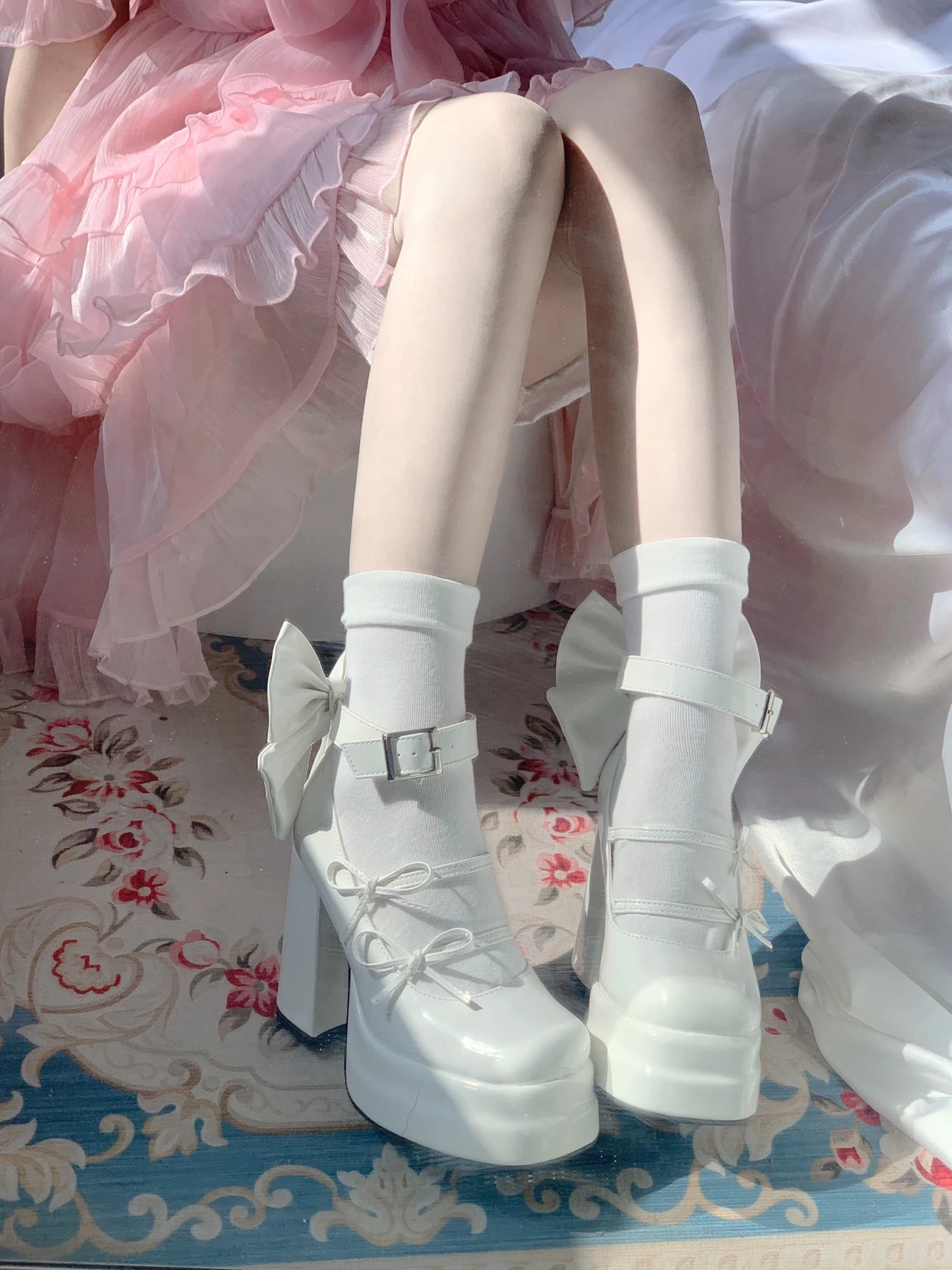 Cute Sweet Square Round Head Mary Jane Shoes Elegant Ladies Waterproof Platform Super High Heels Big Bow Chunky Heels