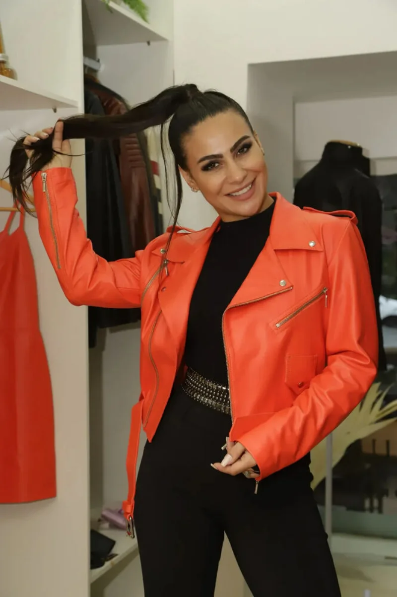 Orange Colour Women Biker Jacket Genuine Lambskin Leather Cropped Coat Orange Genuine Leather Outwear