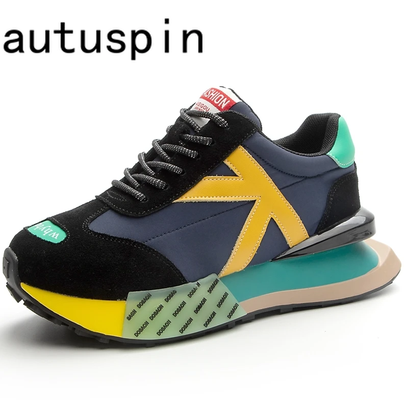AUTUSPIN Women Daddy Vulcanize Sneakers Winter Warm Sports Shoes Outdoor Leisure Satin Splicing Genuine Leather Sneaker Woman