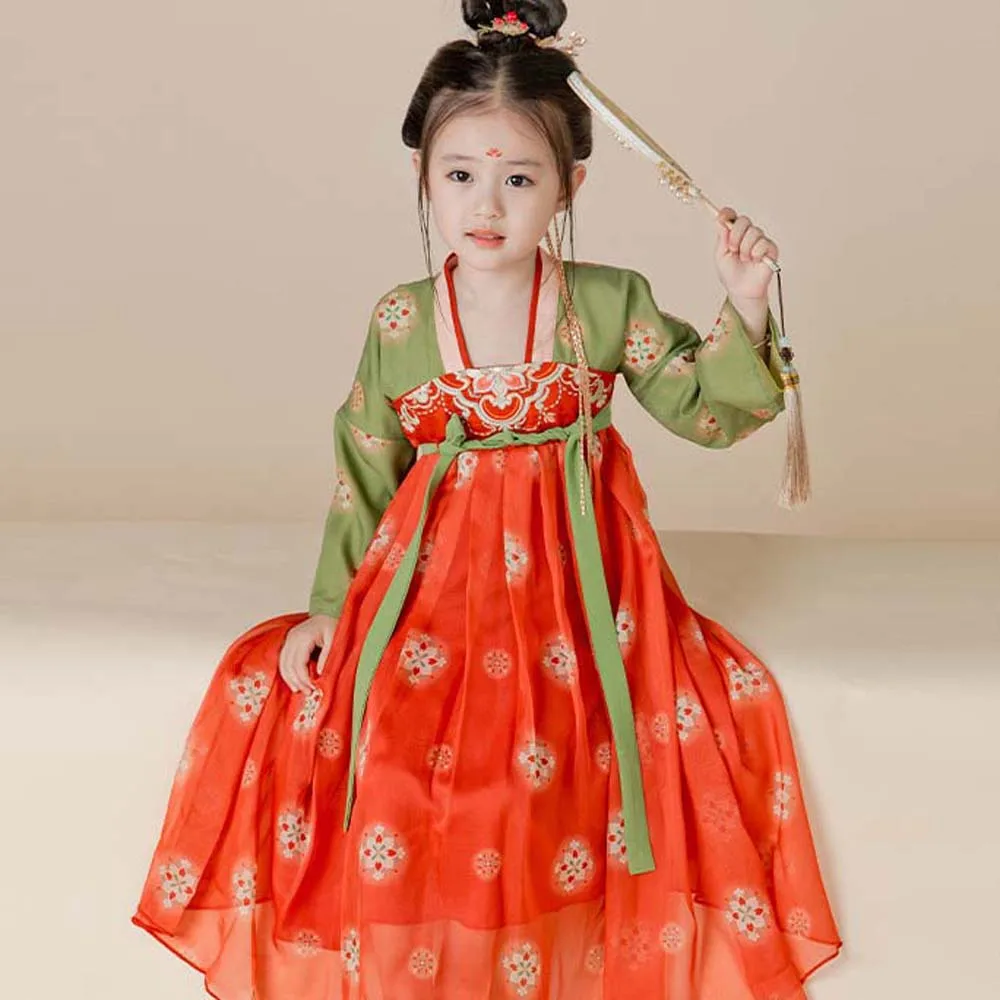 Chinese Hanfu Dress Girls Dunhuang Style Tang Dynasty Ancient Hanfu Dress Children Fairy Cosplay Green Red for Girls