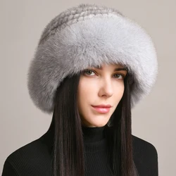 Luxurious Handmade Knitted Mink and Fox Fur Winter Beanie Hat (Grey)