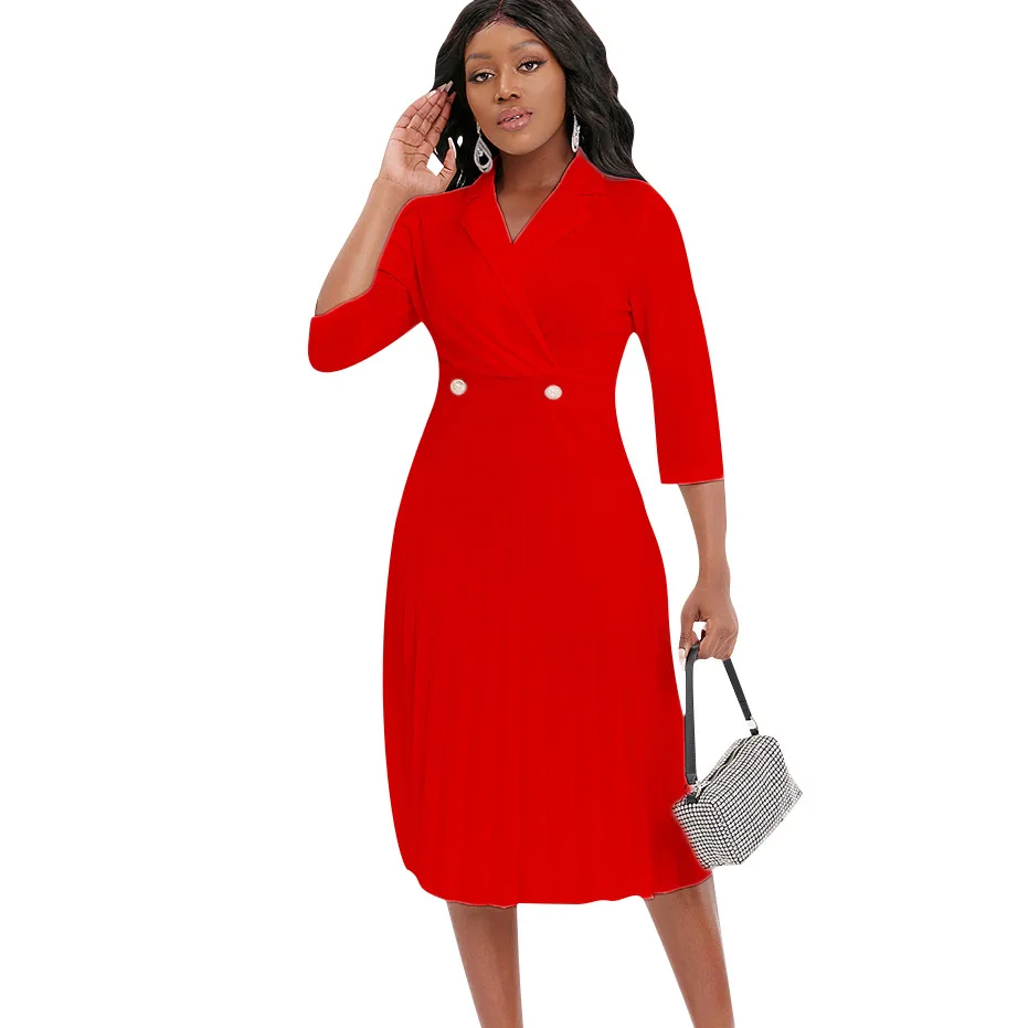 

African Dresses for Women 2022 Autumn African Women Three Quarter Sleeve Solid Color V-neck Knee-length Dress African Clothes