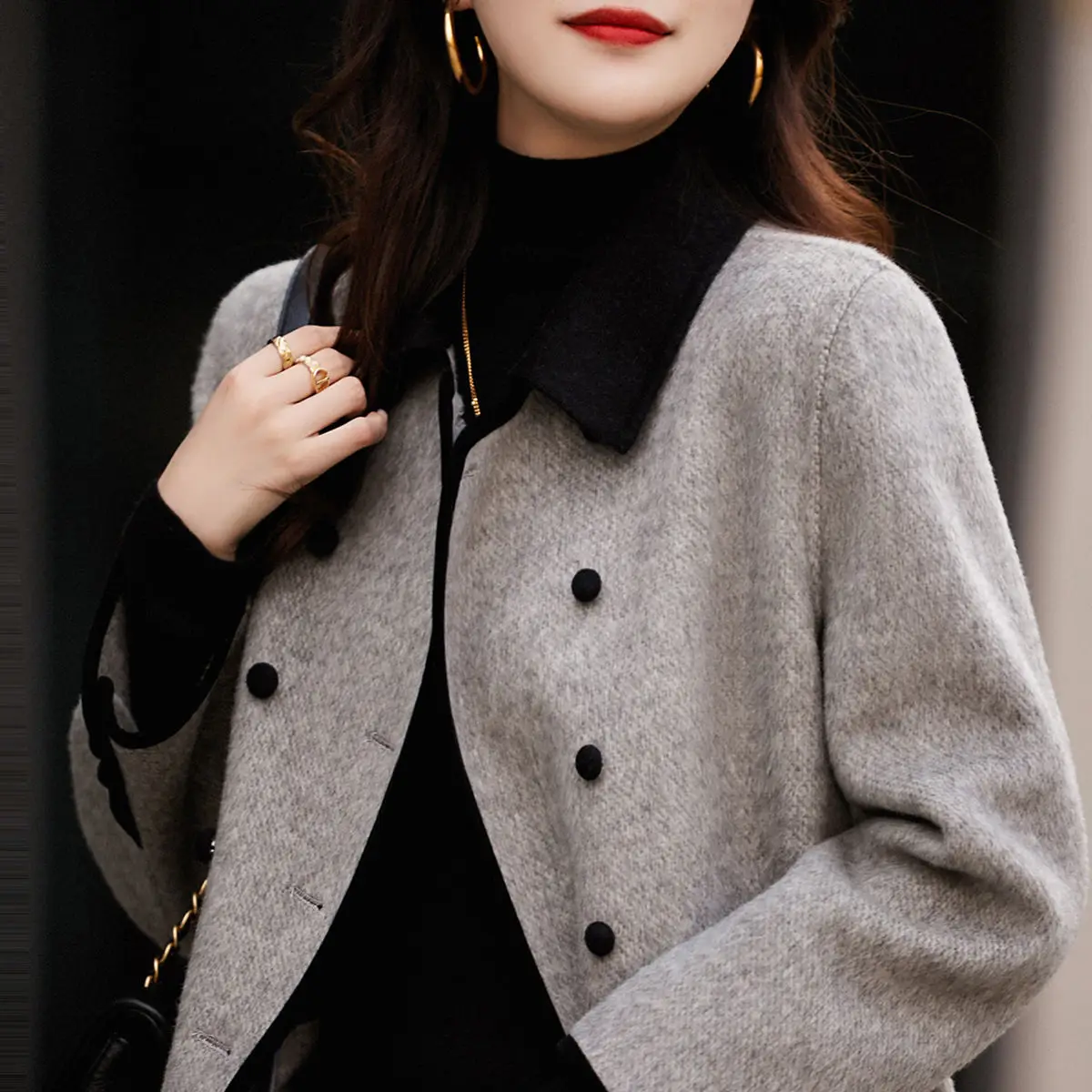 Main Mu Autumn Winter New Fashion Korean Edition Slim Casual Versatile Temperament Contrasting Color Small Collar Woolen Trench