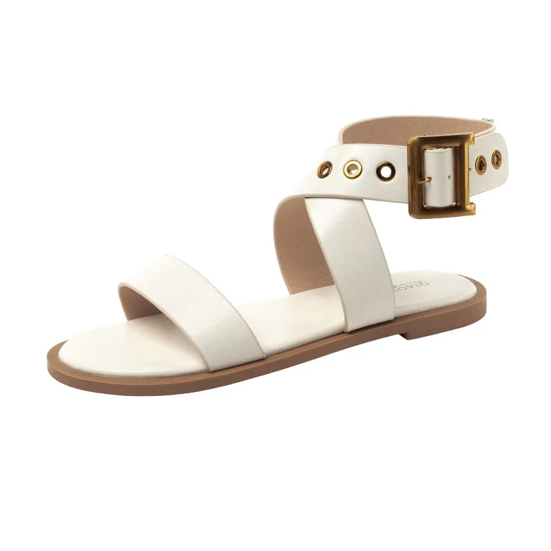 

Plus Size 43 Women Flat Sandals Summer New Versatile Ankle Cross Tied Buckle Strap Beach Shoes Casual Gladiator Bohemian Style