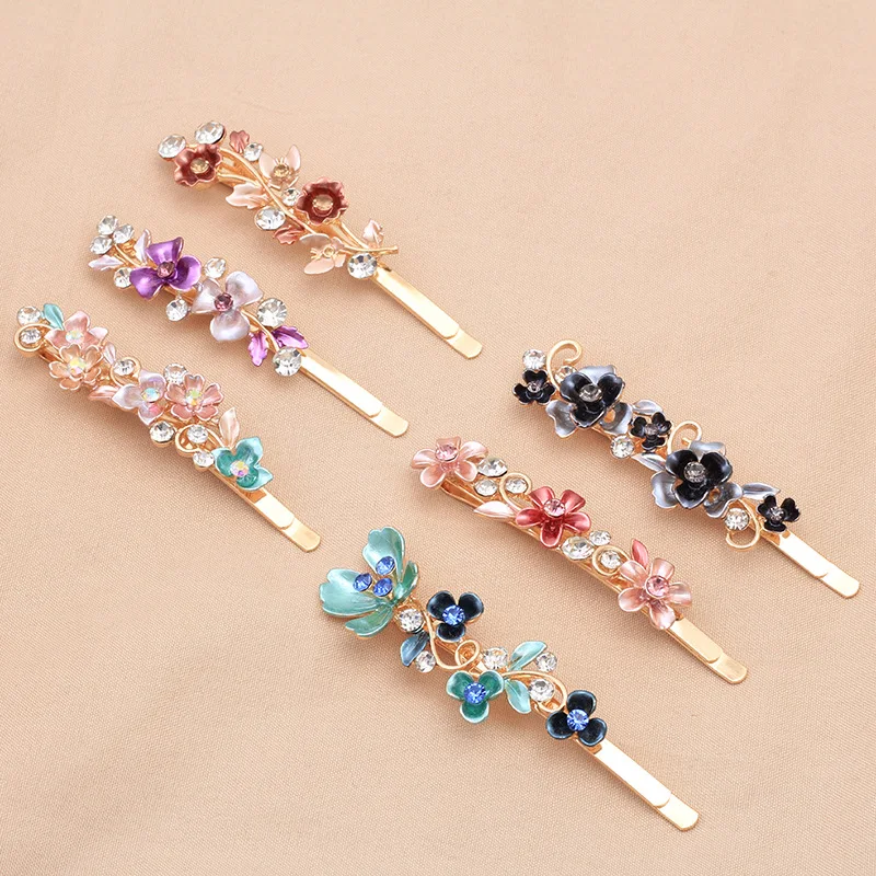 Light Luxury Alloy Hair Grips Clip Painted Paint Flower Rhinestone Bangs One Word Clip Hairpin Headwear Women's Hair Accessories bow hair clip back to school hair bows clips the hand painted yellow pencil bows clips hairgrips for first day of school