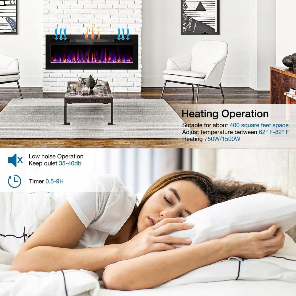 68 Inch Electric Fireplace Recessed and Wall Mounted, Fireplace Heater and Linear Fireplace, Ultra-Thin Electric Fireplace 5
