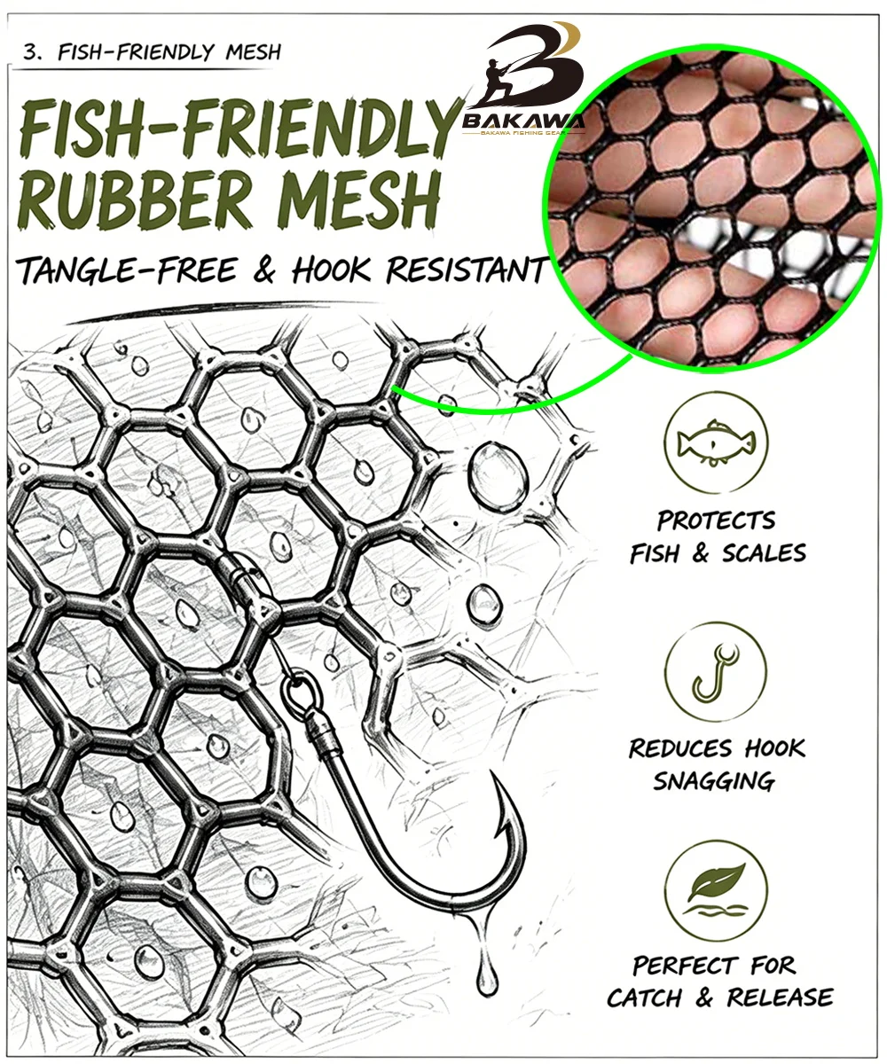 BAKAWA 25 30 S L 소형 접이식 랜딩 네트 고무 메쉬 경량 휴대용 어망 배스 낚시 품질 네트 Pesca Accesorios