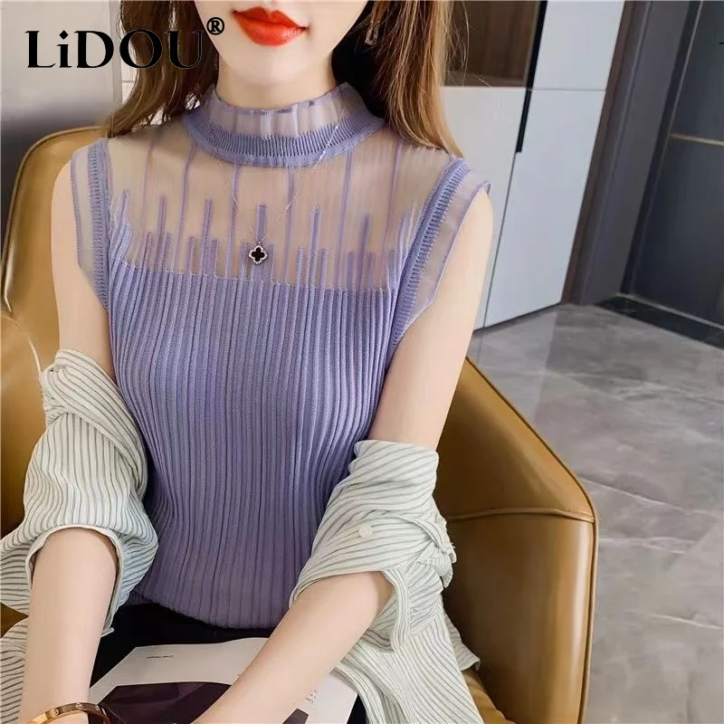 

2023 New Spring Summer Sleeveless Turtleneck Slim Fashion Office Lady T-shirt Lace Korean Style Solid Color Popularity Pullovers