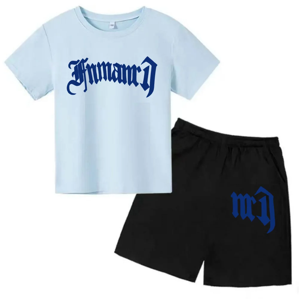thumbnail image 1 of Ropa para niños con estampado de marca gótica, conjunto de camiseta y pantalones cortos de verano para adolescentes, 2 piezas, manga corta, moda informal para niños y niñas, 1 of 5
