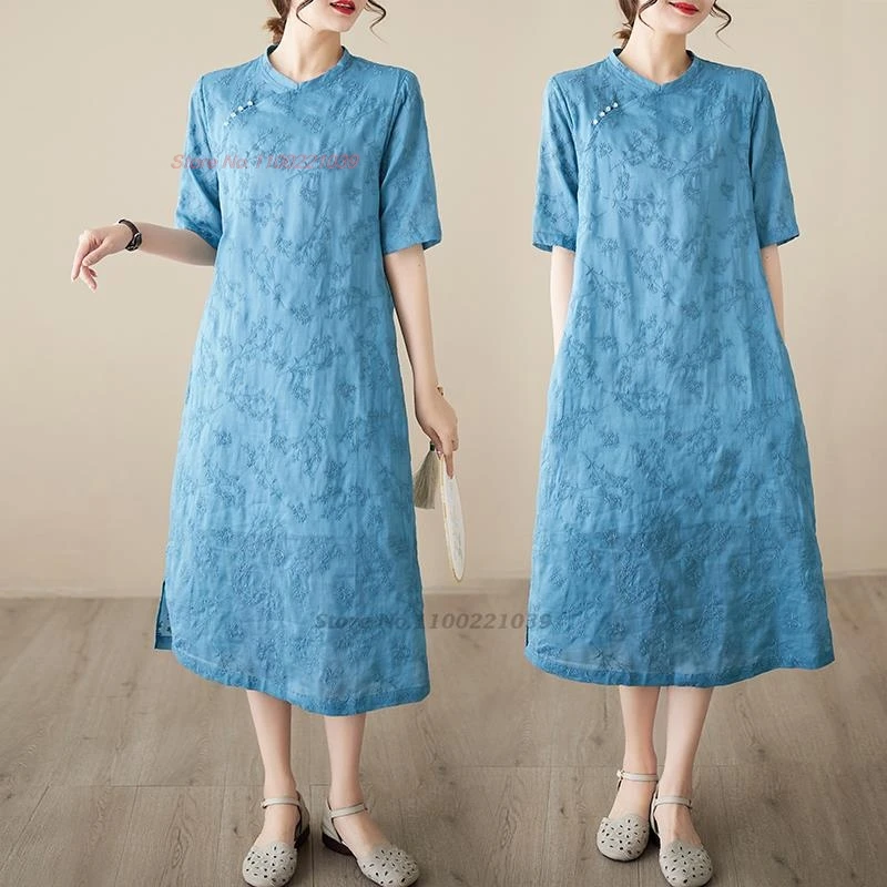 

Традиционное китайское платье 2024, улучшенное китайское платье qipao с вышивкой в виде цветка, хлопчатобумажное льняное винтажное платье qipao, восточное платье chongsam