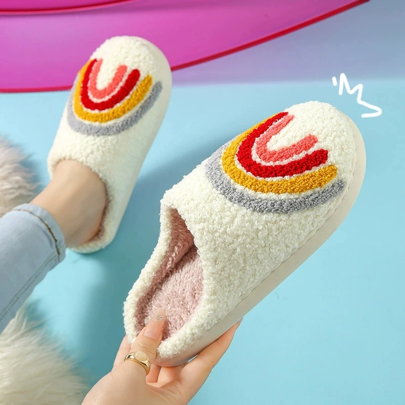 Chic Mix Color Women's Cotton Slippers Winter 2025 Flat Heel Indoor Anti Slip Fur Slippers Woman Rainbow Heart Print Home Slides