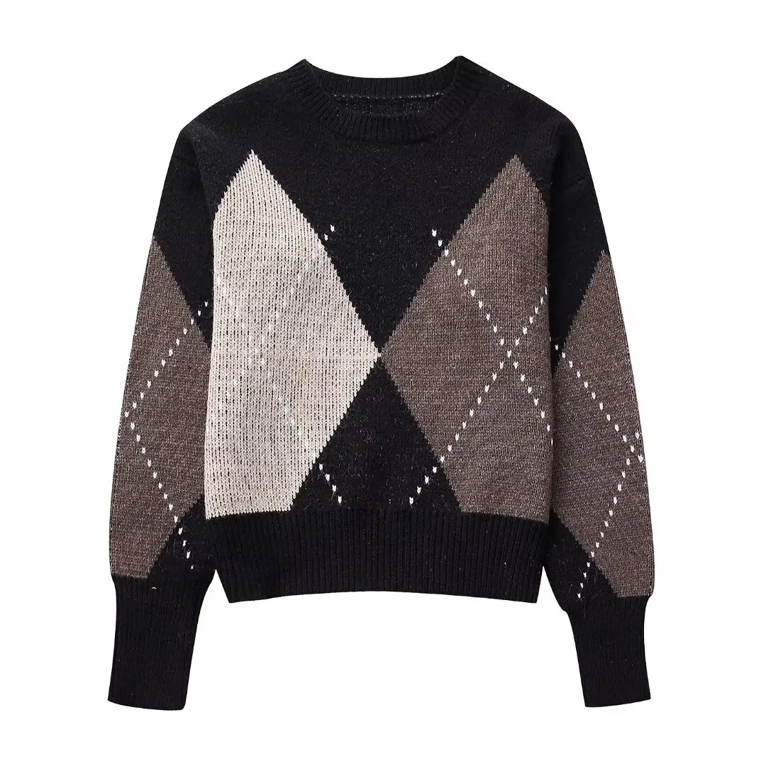 

Women New Fashion diamond check Cropped Casual Knitted Sweater Vintage O Neck Long Sleeve Female Pullovers Chic Tops