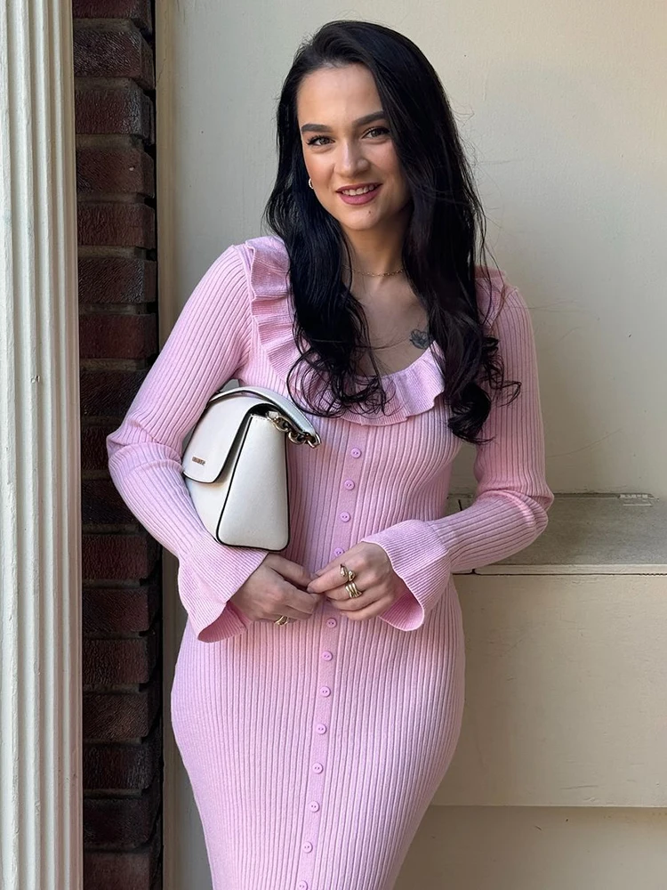 Ruffled Knit Long Dress For Women Lapel Slim High Waist Single Breasted Sweater Maxi Dress Elegant Ladies Party Dresses