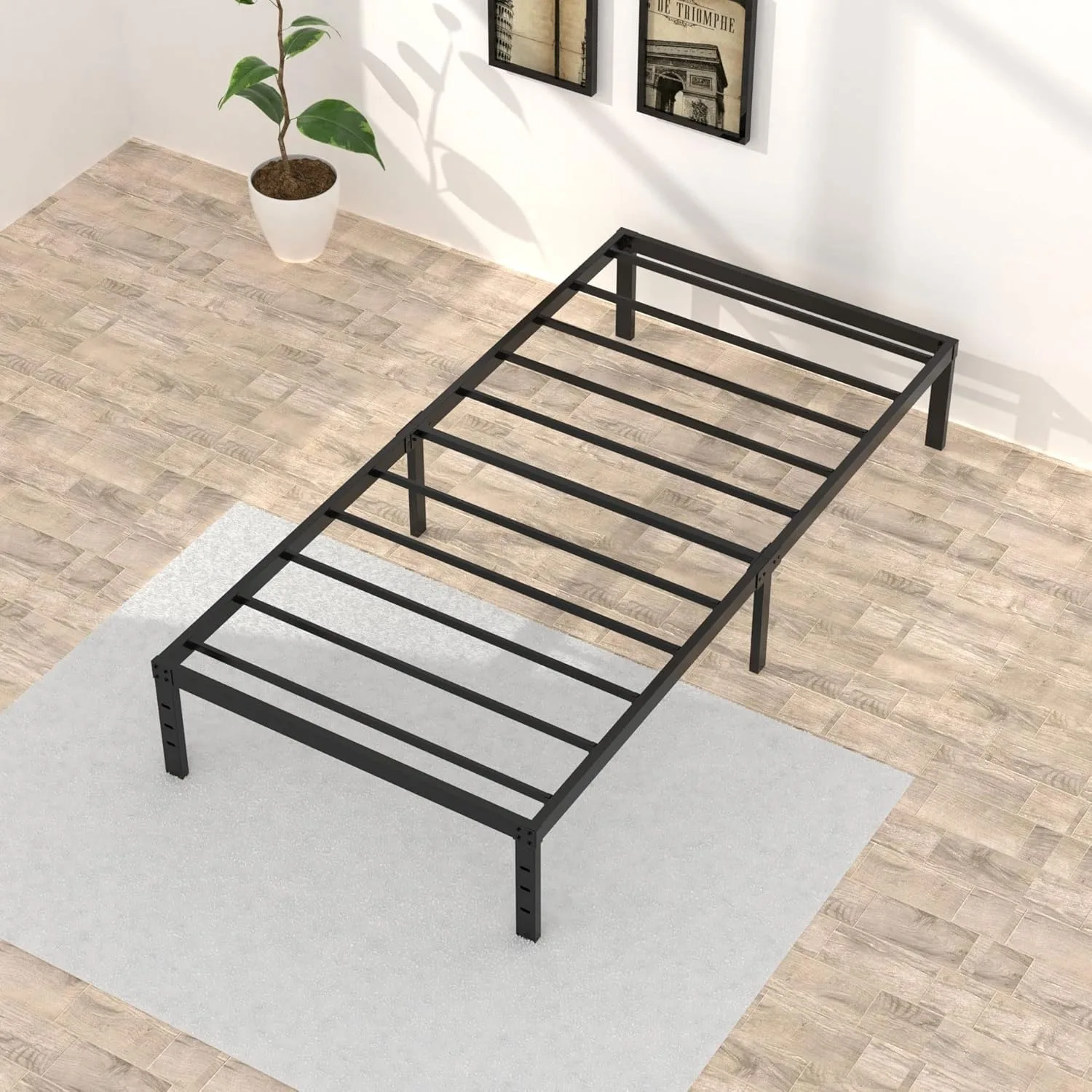 16 inch twin bed frame without box spring, metal platform, with 14 inch storage space, 2500 pound steel bar support, black 4