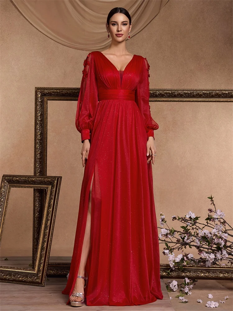 فستان سهرة شيفون أنيق مزين بفتحة رسمية فاخرة 2025 للنساء طويل حورية البحر على شكل حرف v فستان كاكتيل لحفلات الزفاف والحفلات الراقصة