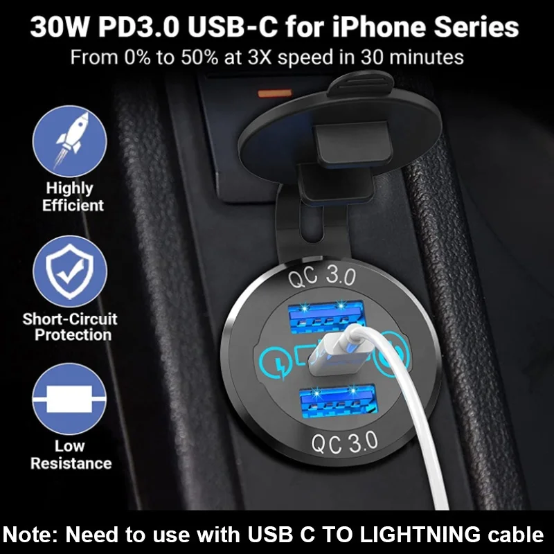 60W 방수 트리플 소켓 차량용 충전기 듀얼 QC3.0 USB + PD 타입-C 12-24V 알루미늄 컬러풀 라이트 RV 차량 보트 해양용