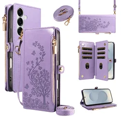 Stylish Embossed Flip Zipper Wallet Case with Cross - Shoulder Strap, Coin and Card Slots, Faux Leather Cover - Galaxy A21s (Purple)