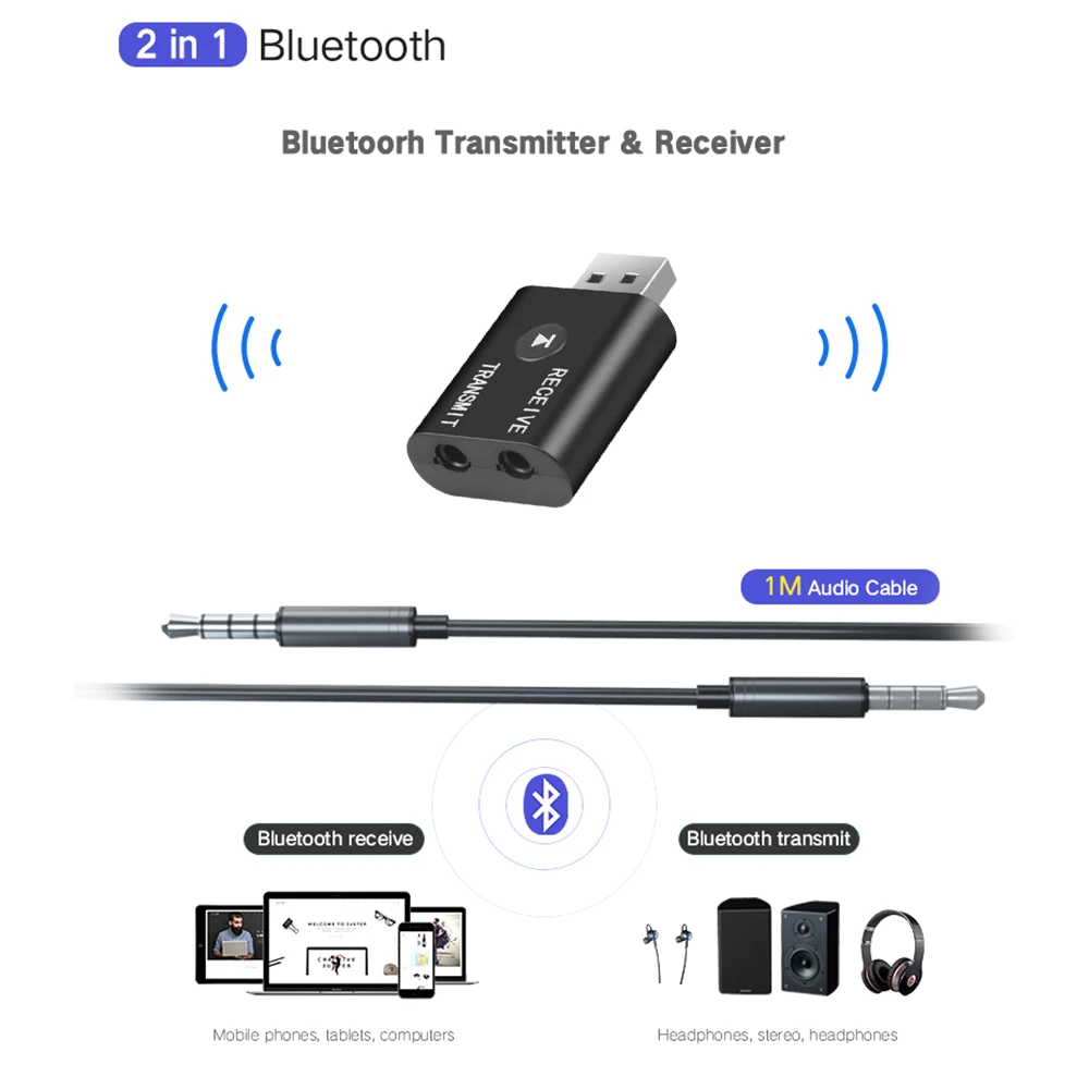 2 IN 1 Wireless Audio Receiver Transmitter Bluetooth 5.0 Audio Adapter Dual Function USB Dongle For Car Speaker Headphones