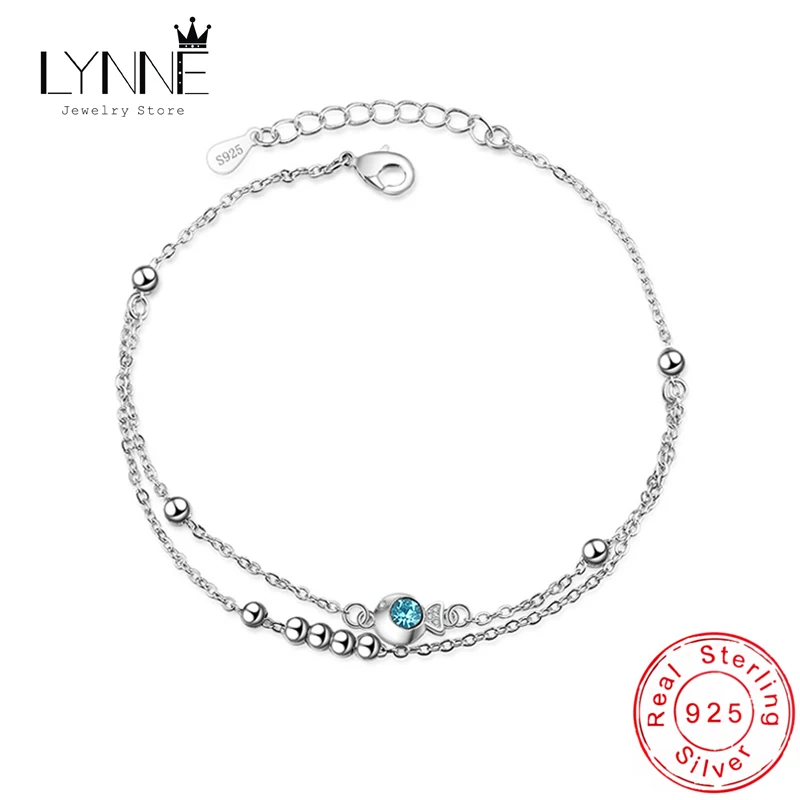 

New Fashion 925 Sterling Silver Blue Zircon Small Fish Pendant Double Layer Anklets Women Jewelry Gift Sexy Beach CZ Foot Chain