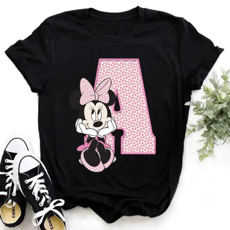 

Black Pink Minnie Mouse Font A B C D E F G Women's T-shirts Short Sleeve Tshirt Custom Name Letter Combination Printing T-Shirt