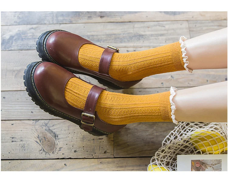 CHAOZHU Frauen Old School Spitze Rippe Baumwolle Casual Socken Lolita JK Süßer Stil 10 Farben Täglich Basic Vintage Mädchen Kawaii Socken – Detail 8