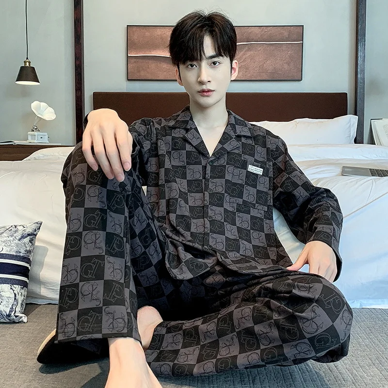 Autumn Winter Men's Pure Cotton Pajamas Polo Collar Long Sleeve Cardigan Oversized Comfortable Casual Home Clothing Set