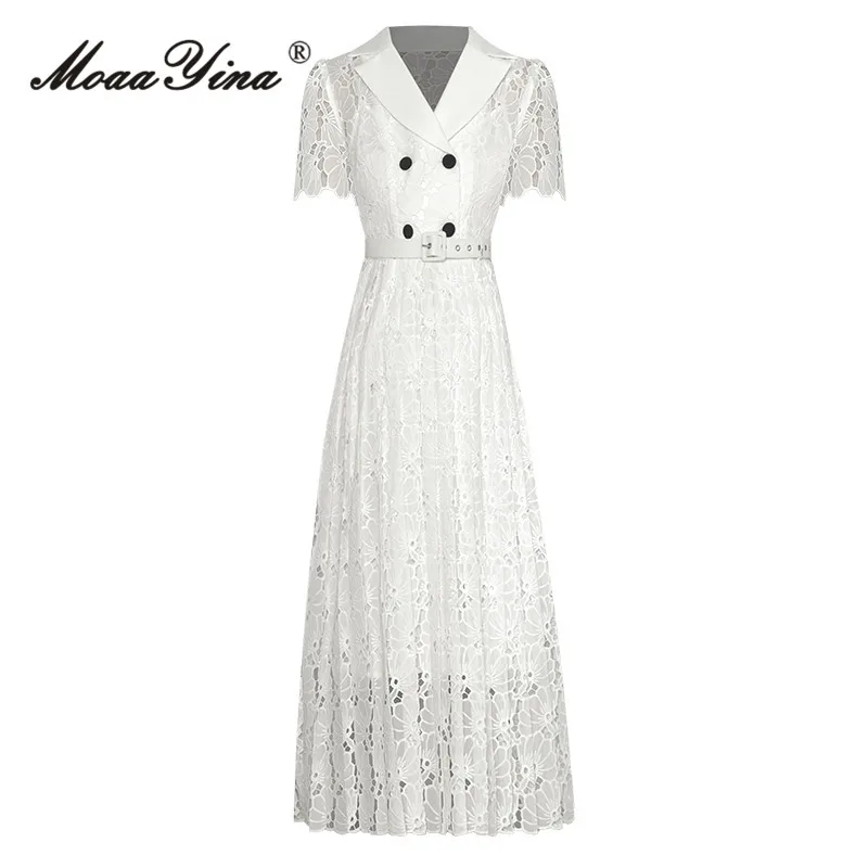 

MoaaYina Summer Fashion Designer Women Midi Dress Vintage Solid Color Suit Collar Button Sashes Chiffon Hollow Out A-LINE Dress