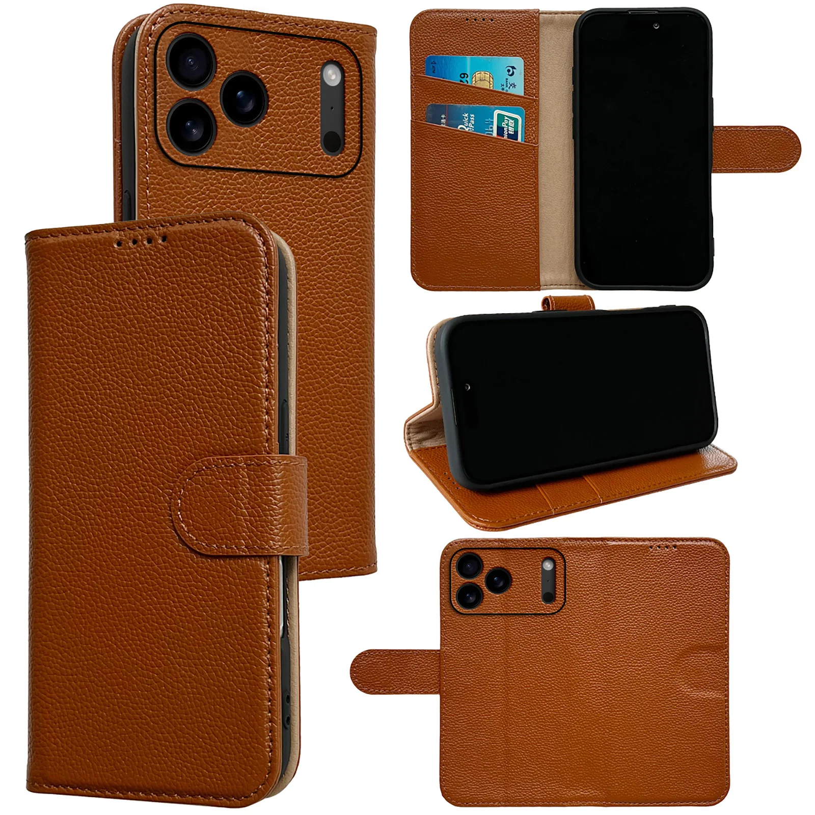 Genuine Cowhide Leather Flip Wallet Case with Card Holder and Lens Bumper
