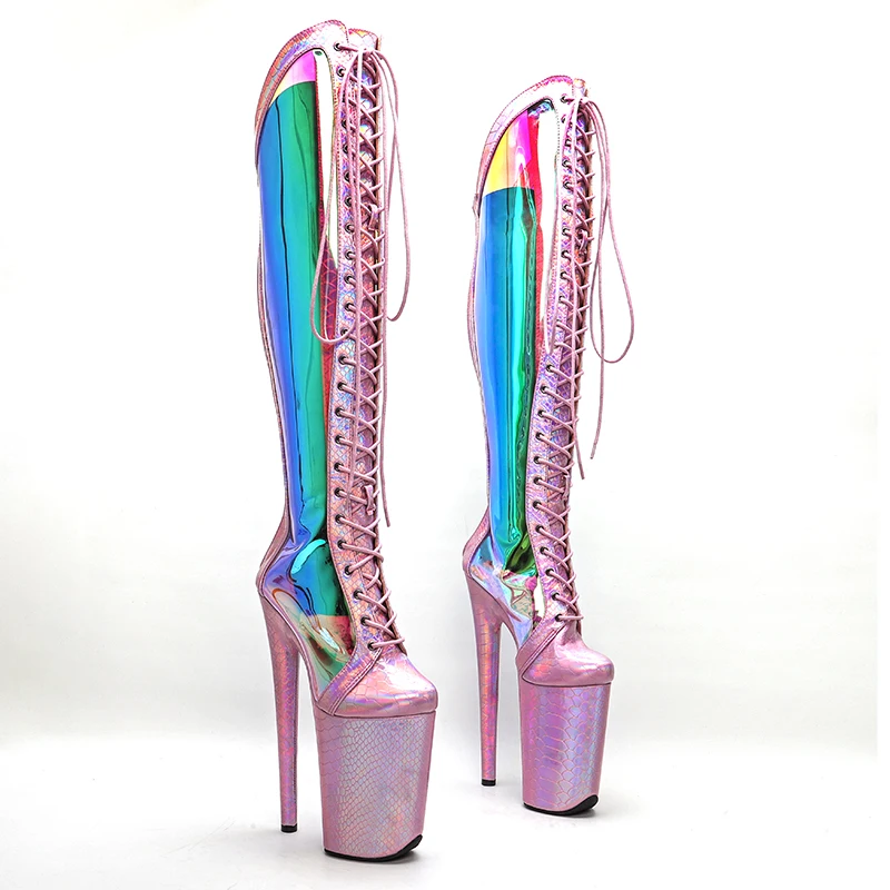 Leecabe  23CM/9inches Snake  Pink holographic Upper  fashion  lady High Heel platform  Pole Dance boots