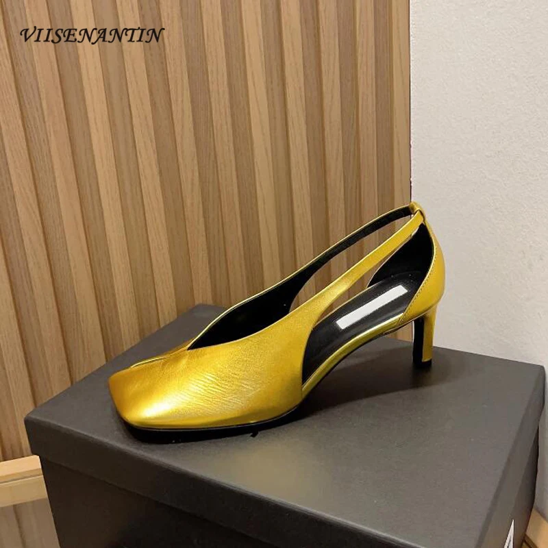 

Gold Silver Real Leather Women Pumps Sanal Shoes Squared Toe Hollow Out Gladiator Back Strap Slip on Elegant Lady Summer Shoe